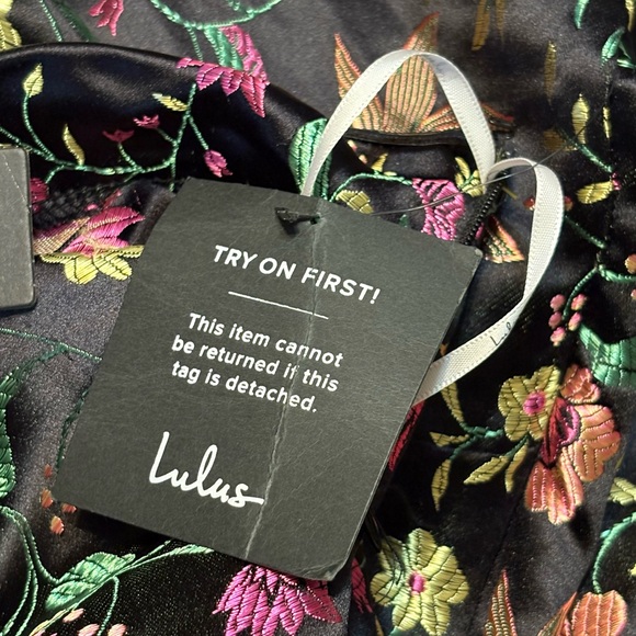 Lulus Make A Move Dress, Size Large, Satin Floral Jacquard Strapless Midi Black - Picture 9 of 16